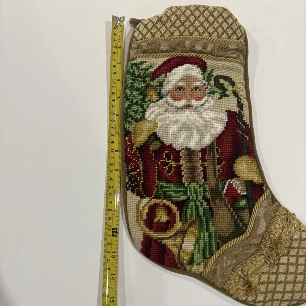 Vintage Santa Claus Wool Needlepoint Christmas Stocking Gold Velvet Backing 15